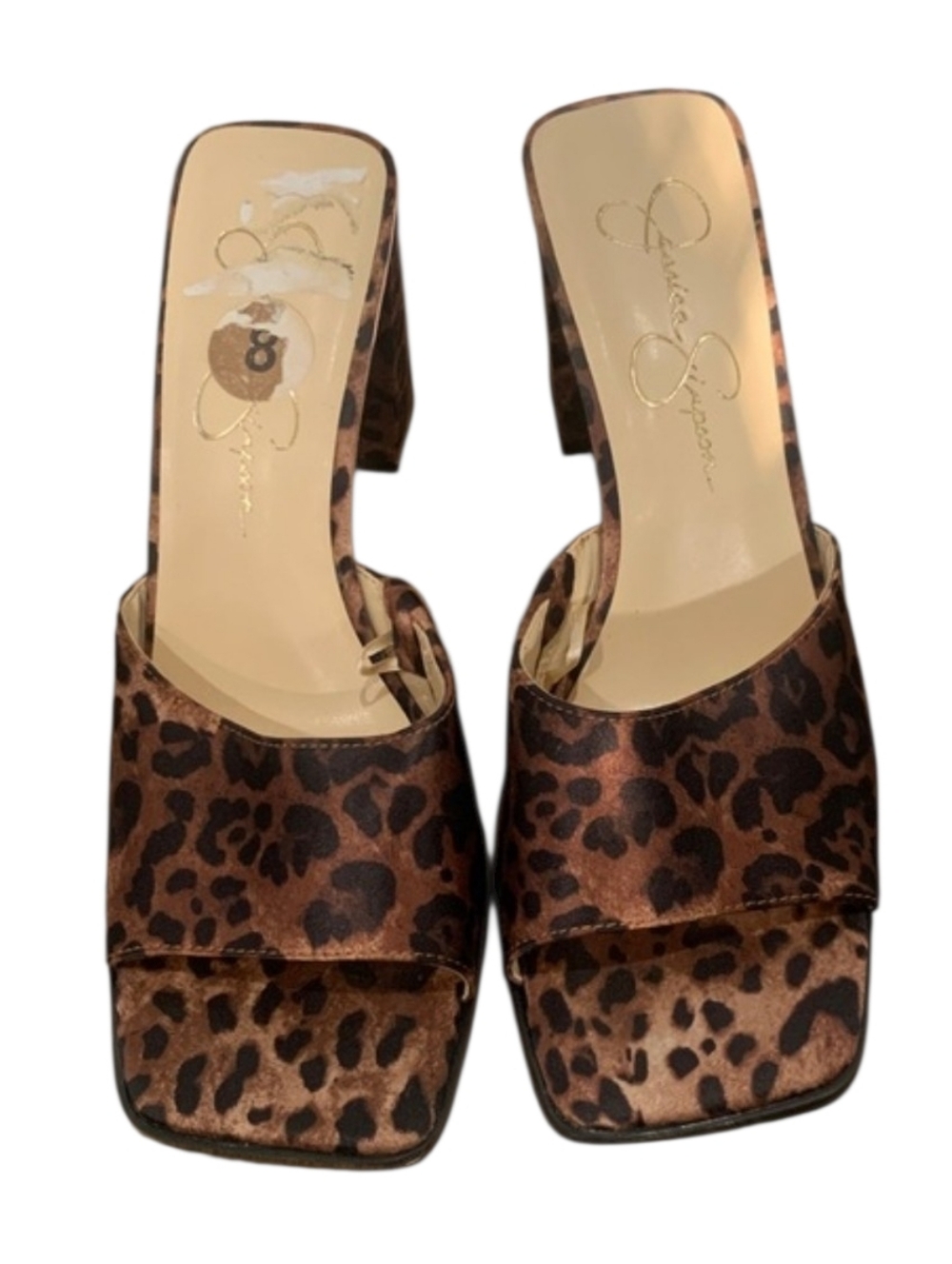 Y2k Jessica Simpson Brown Leopard Print Mules Excellent Condition Statement Heel
